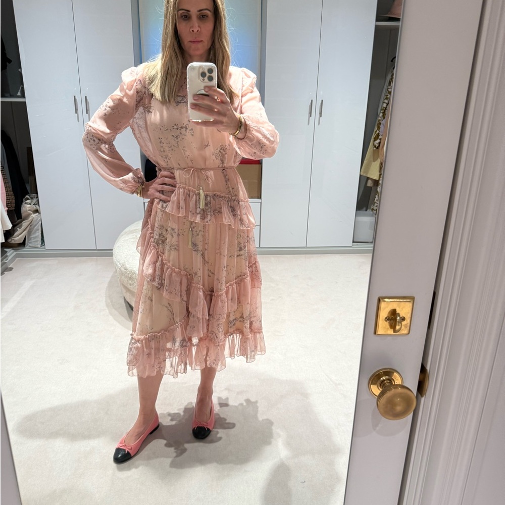 Zimmerman floral tiered midi silk chiffon dress w detachable rope belt